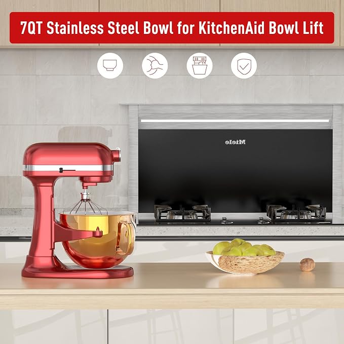 7QT Stainless Steel Mixer Bowl for Kitchenaid Stand Mixers, Kitchen Aid Mixing Bowl for 7QT Lift Mixer with Handle Copper