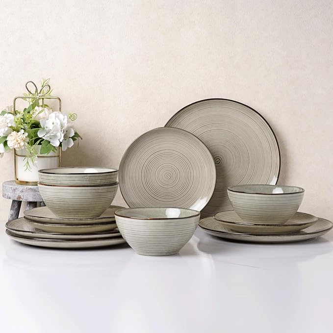 famiware Tempus Plates and Bowls Sets for 8, 24 Pieces Stoneware Dinnerware Sets, Dishes Set, Reactive Glaze Dishware Sets, Dishwasher & Microwave Safe - Castle Wall