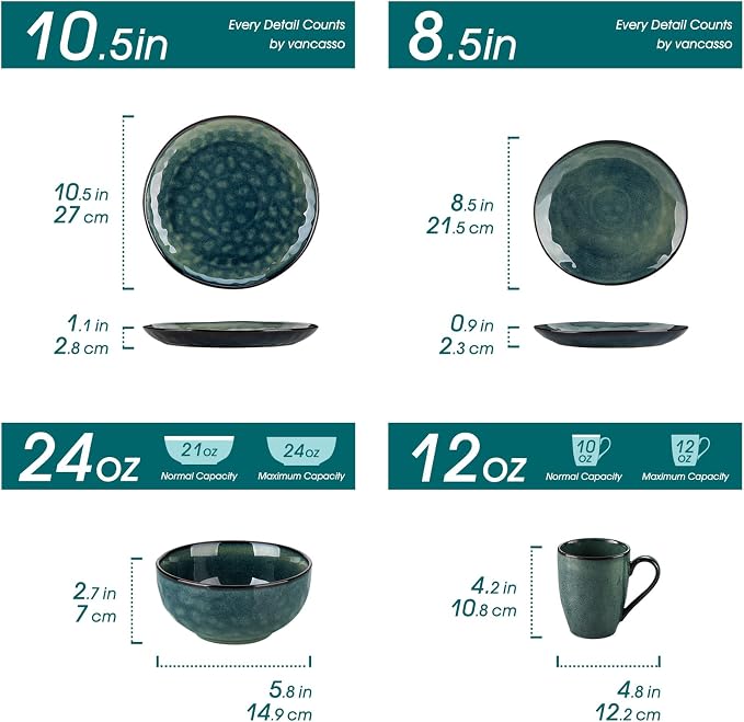 vancasso Ceramic Dinnerware Sets for 4, 16 Pieces Handmade Reactive Glaze Dishes Set, Elegant Stoneware Plates and Bowls Sets with Mugs, Dishwasher and Microwave Safe, Starry Green