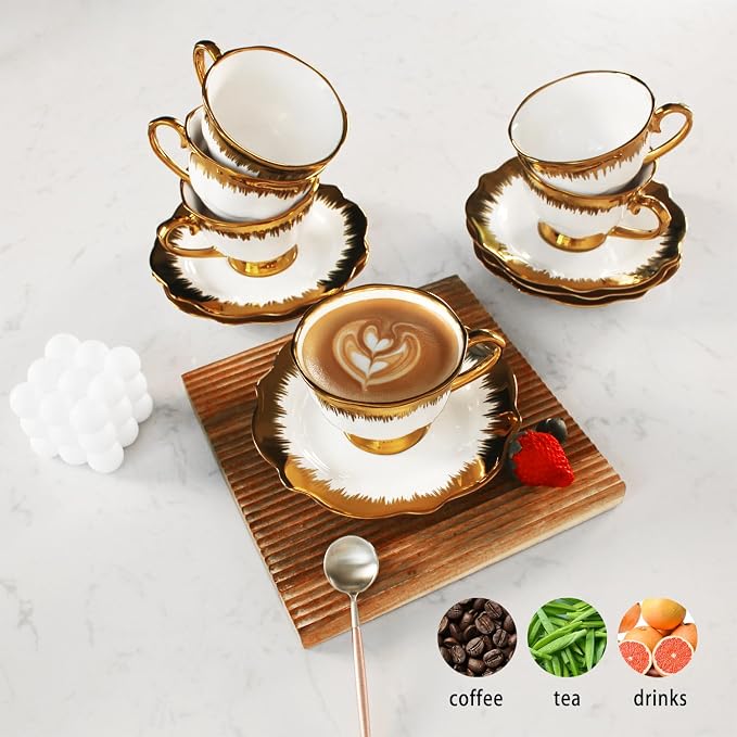 Coffee Mugs Set, 5.0 oz Ceramic Tea Cup with saucer, Espresso Cups 6-piece Rose Tea Cups and Saucers, Stackable Cups, for Latte, Cappuccino, Mocha, Cocoa (Golden)