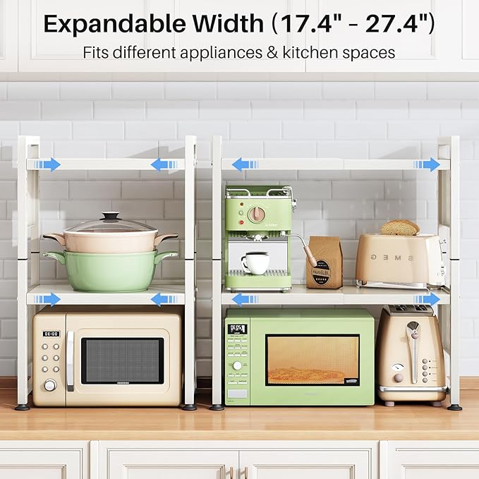 Expandable Microwave Stand, Heavy Duty 3-Tier Adjustable Microwave Oven Rack with 8 Hooks & 2 Holders, Space-saving Kitchen Counter Shelf for kitchen organizers and storage, 200lbs Capacity, White