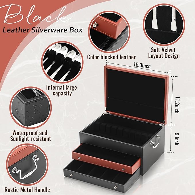 DoubleFill 3 Layer Leather Silverware Storage Box with Lid and Handles, Anti Tarnish Silverware Storage Chest Case with Felt-lined for 12-16 or More Sets of Utensils Flatware Gifts, 15.3x11.2x9 Inch