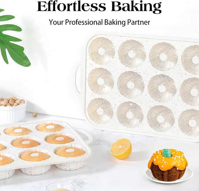 Vinino 3 Inch Silicone Mini Fluted Tube Cake Pan with Metal Reinforced Frame, 12-Cavity Mini Flan Mold, Nonstick Baking Pan for Mini Donuts, Muffins, Brownies, Jellies, 2 Pack