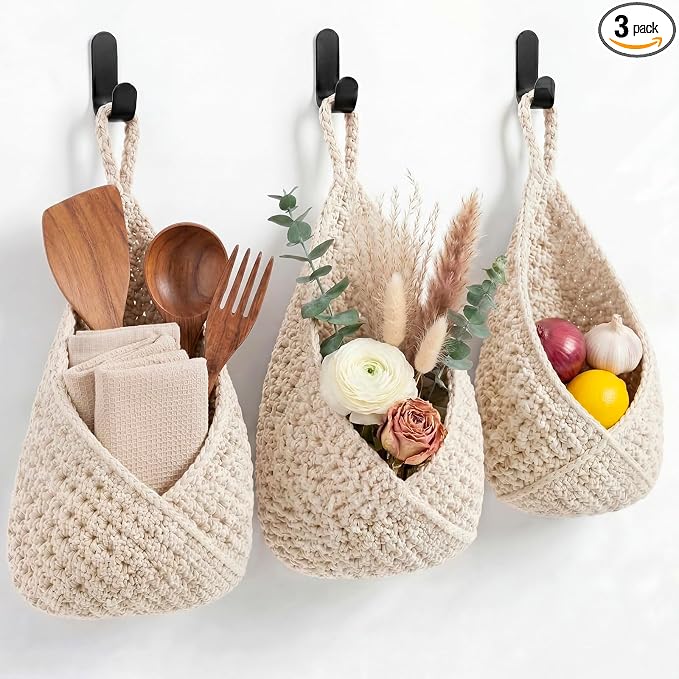 Honeydak Boho Decor Hanging Wall Baskets for Kitchen 3 Pack Teardrop Baskets with Hooks Storage Fruit Onion Vegetable Potato for Home 3 Sizes (White,Triangle,Cotton Rope)