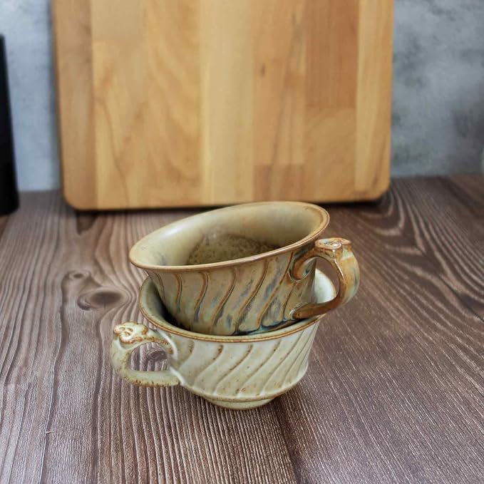 Vintage Ceramic Coffee Cup with Saucer, Farmhouse Stoneware Espresso Cup, Rustic Teacup, Microwave & Dishwasher Safe,Unique Gifts Men and Women (Brown, 5oz)