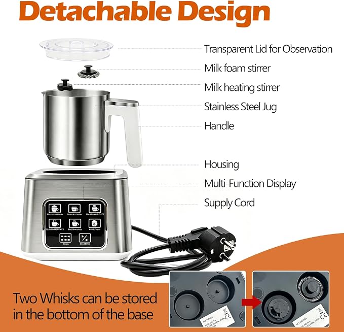 6-in-1 Electric Milk Frother and Steamer, Large Capacity & Detachable Electric Milk Frother and Warmer, Automatic Hot & Cold Foam Maker, with Stainless Steel Jug, 16.91oz/500ml for Coffee