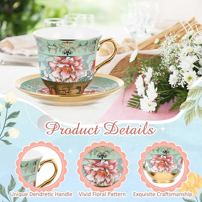 Teenyyou Set of 24 Tea Cups and Saucers Tea Party Decorations Floral Porcelain 5.4 oz British Gift for Women Birthday Party, Church, and Mother's Day (Stylish Style)