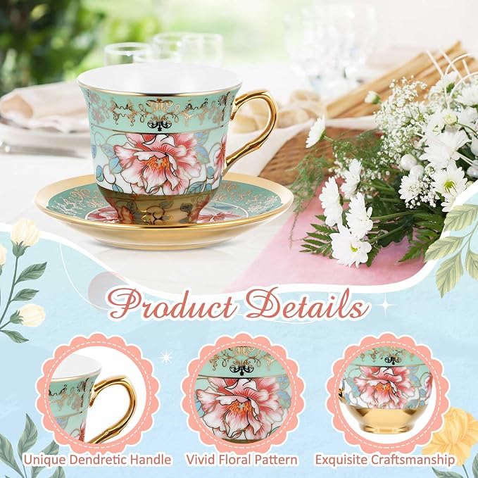 Teenyyou Set of 12 Tea Cups and Saucers Tea Party Decorations Floral Porcelain 5.4 oz British Gift for Women Birthday Party, Church, and Mother's Day (Stylish Style)