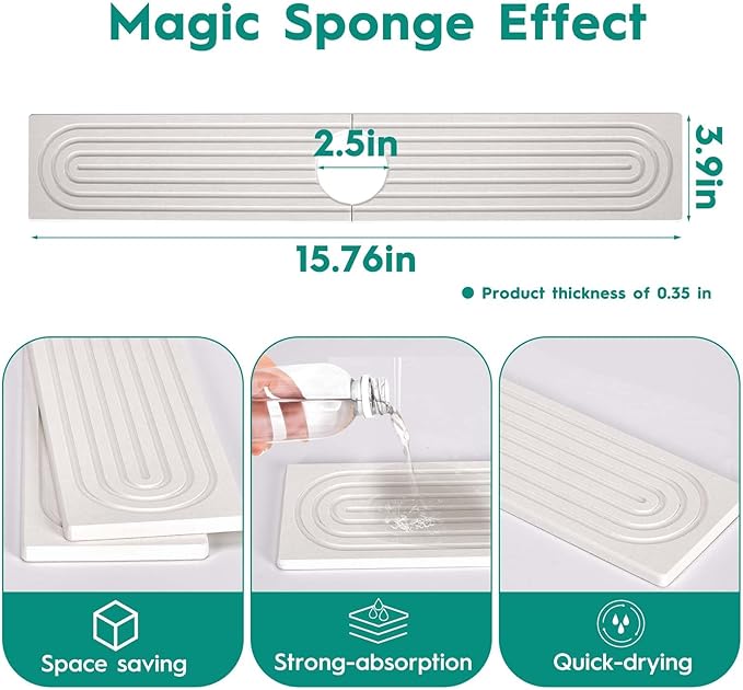 16 Inch Stone Faucet Mat for Kitchen Sink,Quick Dry Stone Mat Kitchen-Sink Water Splash Guard,Diatomite Protector with Super Absorbent&Leak Proof Circular for Kitchen Bathroom Counter(White）