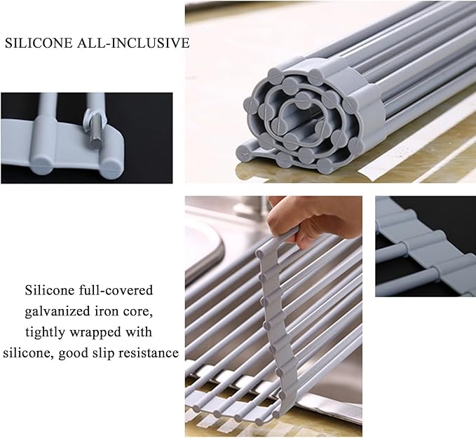 Over Sink Roll Up Dish Drying Rack - Silicone Coated Stainless Steel Kitchen Strainer(44.5 * 33cm)