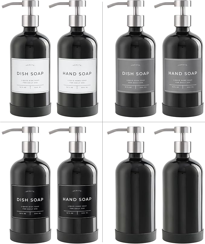 Hand and Dish Soap Dispenser for Kitchen and Bathroom, Set of 2 16 Oz Glass Bottles, Stainless Steel Pumps, Non-Slip Silicone Base, 27 Waterproof Labels (Gloss Black Bottle/Brushed Silver Pump)