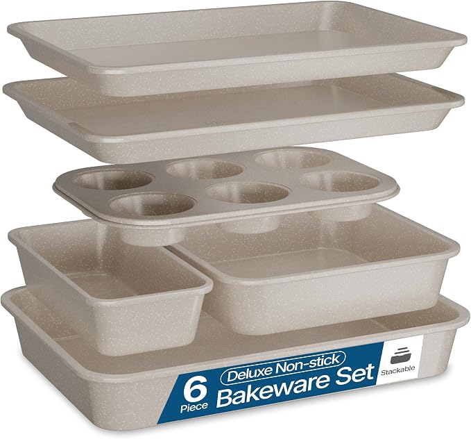 BAKKEN Nonstick Carbon Steel Bakeware Set - 6 Piece Kitchen Baking Trays, Non Toxic Stackable Oven Pans Bundle with Cookie Sheets, 6 Cup Muffin, Roaster, Square Cake, and Loaf Pan for Bread
