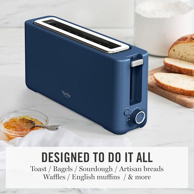 Martha Stewart 2 Slice Long Slot Toaster, Extra Wide for Sourdough & Bagels, 10 Setting Shade Control, Removable Crumb Tray, Self-Centering Design, Defrost/Reheat, Cancel, Slim Space-Saving, Indigo