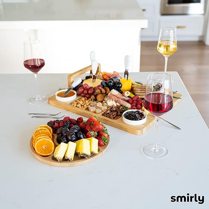 SMIRLY Charcuterie Board Set: Bamboo Rectangular Rustic Brown Cheese Board with Charcuterie Accessories & Round Fruit Tray - Perfect for Entertaining, Gifting, and Serving