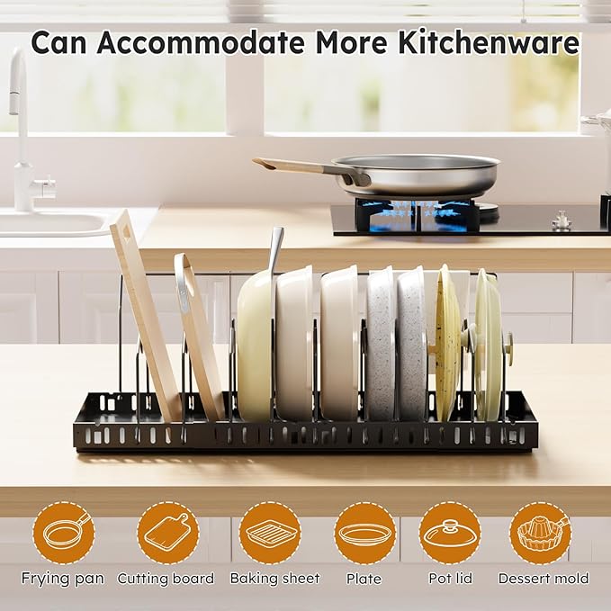 DTUQYX Pull-out Pots and Pans Organizer Under Cabinet - 1 Pack Expandable Pot and Pan Organizer Rack with 10 Adjustable Dividers for Pot, Cutting Board, Dishes, Lid, Baking Tray