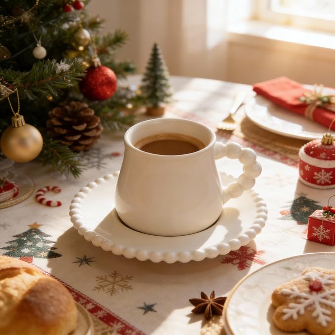 Coffee Cup Set of 6 with Saucers, 3.5 OZ Ceramic Espresso Cups, Demitasse Coffee Cup Gift for Double Shot, Latte, Cafe Mocha, Dishwasher & Microwave Safe, Elegant Deco (Pure White / 100 ml / 6 Sets)