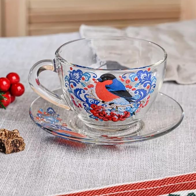 Bullfinches Glass Tea Cup and Saucer Set of 2 Glass Teacups 6.8 fl oz (200 ml) Cup with Matching Saucers for Two, Christmas Dinnerware, Tea Coffee Set for 2, Coffee Cups, Dishwasher and Microwave safe
