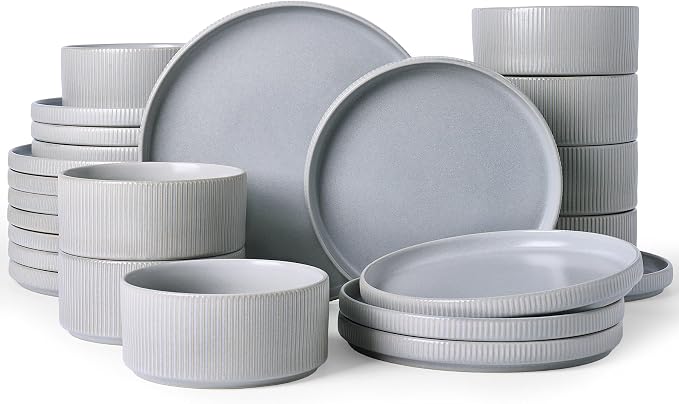 Famiware Star 24-Piece Reactive Glaze Plates and Bowls Sets, Service for 8 - Stoneware Dinnerware Set, High Edge Ribbed Dishes, Chip & Scratch Resistant, Microwave & Dishwasher Safe, Matte Gray