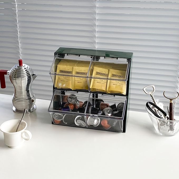 Large Coffee Pod Holder with Lid, Green | Plastic, Coffee Bar Accessories Storage Organizer, For Creamer, K Cups, Tea Bags, Sugar Bag, Drinking Straw