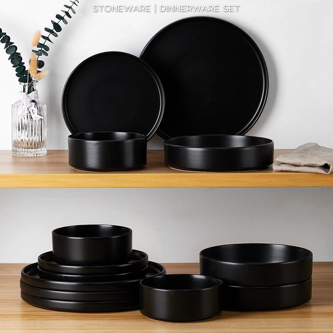 Onader 24 Piece Stoneware Dinnerware Sets with Pasta Bowls, Kitchen Dinner Dishes Set for 6, Plates and Bowls Dishware Dining Ware - Ebony Black