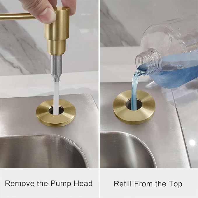 EADOT Brushed Gold All Brass Sink Soap Dispenser for Kitchen Sink Deck Mounted with 17 OZ Above The Sink Refillable PET Bottle Brass Pump Head in Counter Dish Soap Dispenser