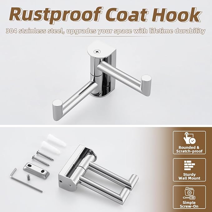 APLusee Double Swivel Towel Hook Wall Mounted, 304 Stainless Steel Folding Coat Hook with 2 Rotating Arms, Polished Chrome