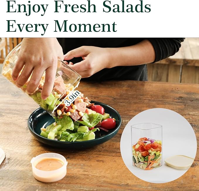 LIBWYS Glass Salad Jars with Lids Meal Prep, 34oz Larger Square Containers for Home Storage & Lunch, Built-In Leakproof Compartments, Wet/Dry Separation for Salad Dressing & Ingredients