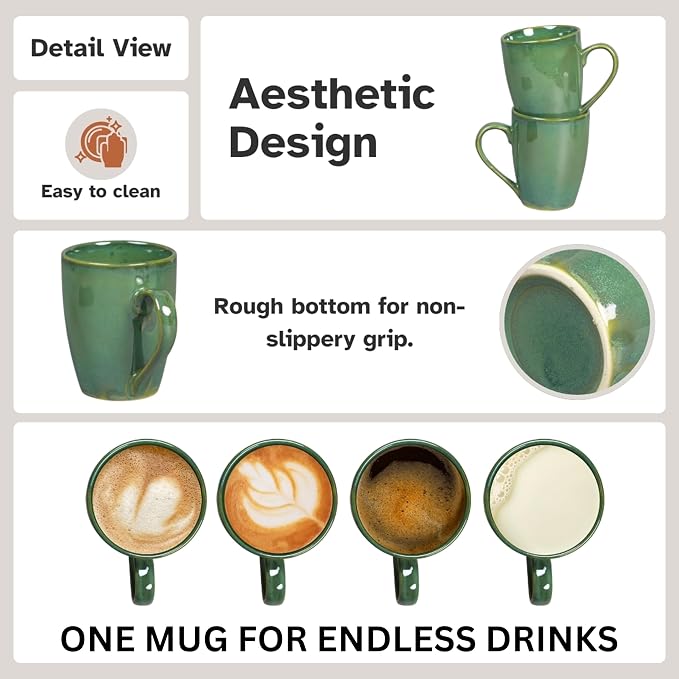 Servo Best Green Coffee Mugs 12 oz, Set of 6 Green Radiant Ceramic Mugs - Lead & Toxic Free, Dishwasher & Microwave Safe, Perfect for Home & Office Use