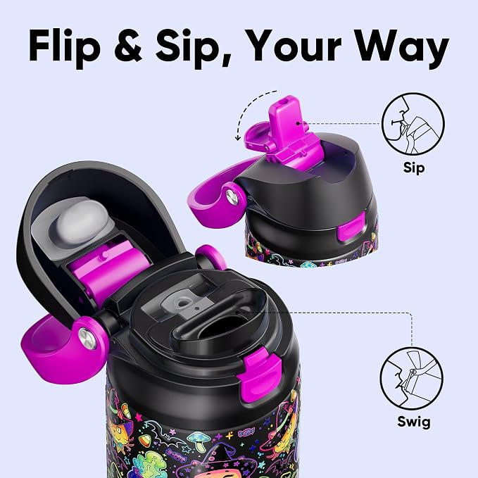 Encool SwiftSip Insulated Stainless Steel Water Bottle with Straw - Leak Proof Sports Water Bottle for School, Travel, Keeps Cold All Day, One-Touch Flip Lid, BPA-Free, 24 oz, Meowgic Night