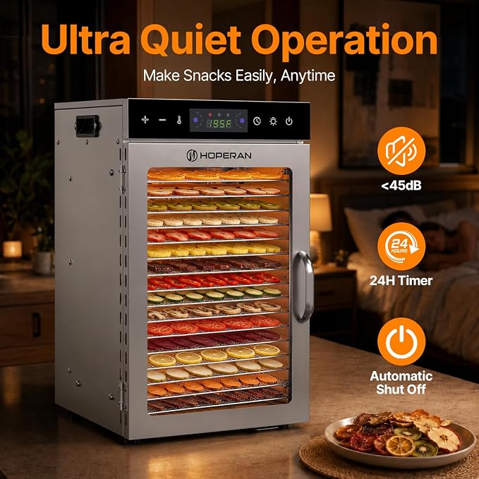 HOPERAN 16 Tray Food Dehydrator Machine for Jerky, Fruit, Herb & Dog Treats | Stainless Steel, Digital Temperature & Timer Control, 2 Fans 800W, Quiet <48dB, Including 2 Mesh Screens & 1 Fruit Roll Tray