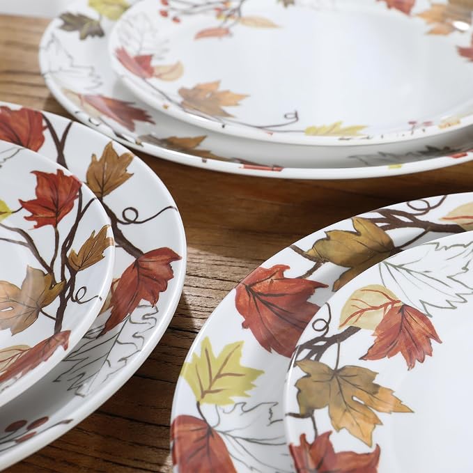 Melamine Dinnerware Sets 12 Pcs, Spring Party Plates and Bowls Sets, Camping Dishes Set for 4, Unbreakable, BPA Free, Dishwasher Safe（Yellow Maple Leaves）