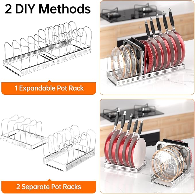 MUDEELA Pot Rack - Expandable Pots and Pans Organizer under Cabinet, Pot Lid Organizer Holder with 12 Adjustable Compartment, Kitchen Cabinet Organizer and Storage for Cutting Board, Skillets Pan