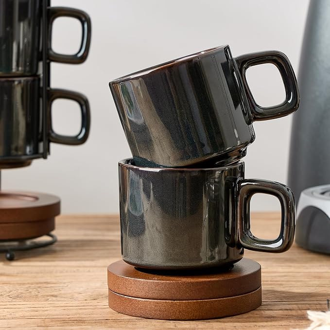 LUKA Porcelain Stackable Espresso Cups with Saucers and Metal Stand, 4 Ounce Small Ceramic Demitasse Cups Set for Latte, Specialty Coffee Drinks, Cafe Mocha,Tea - Set of 4, Kiln Tide Glaze