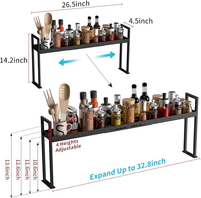 BOIVSHI Stove Top Shelf, Kitchen Over Shelf for Stove, Stove Spice Rack for Top, Adjustable 27-33inch, Fits Various Stove Lengths, Kitchen Spice Organizer, Condiments and BBQ Sauces, Black