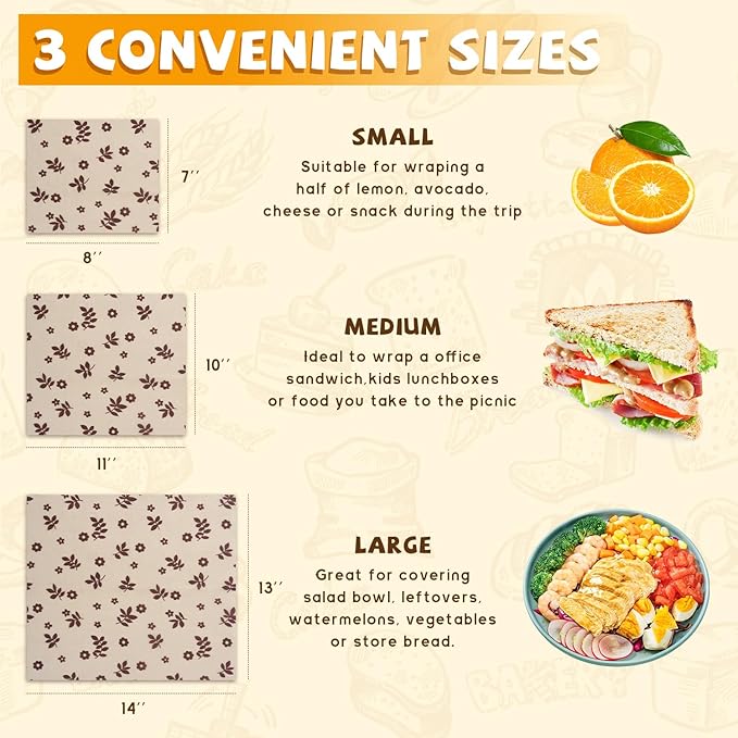Honeybee Pattern Reusable Beeswax Bread Bags&Coffee Leaf Print Beeswax Wraps for Food