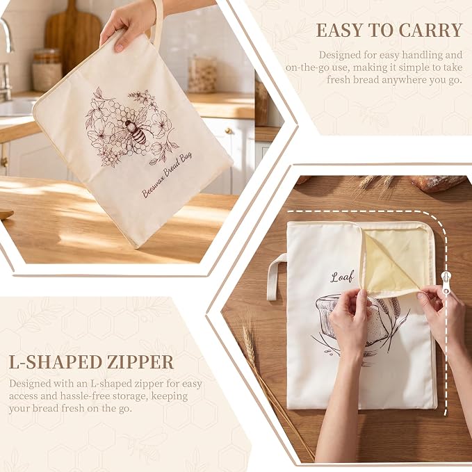Beeswax Sourdough Bread Bags with Wide Zipper Access, 2 Pack XL 13" x 17" Reusable Linen Cotton Bread Bags for Homemade Bread, Helps Maintain Crust & Freshness (Double-Sided Print Design)