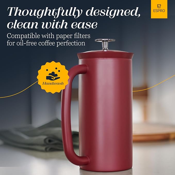 ESPRO Pro P7 French Press Coffee Maker - Double-Walled Stainless Steel Insulated with Micro-Filter - Cranberry, 32oz