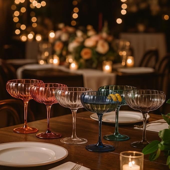 Khen Flower Modern Wavy Glass Coupes Martini, Champagne & Cocktail Coupes - Set of 6-7.7 oz Colorful Cocktail Glasses for Champagne, Prosecco, Mimosa - Copyright Design - Muted Pastel Colors
