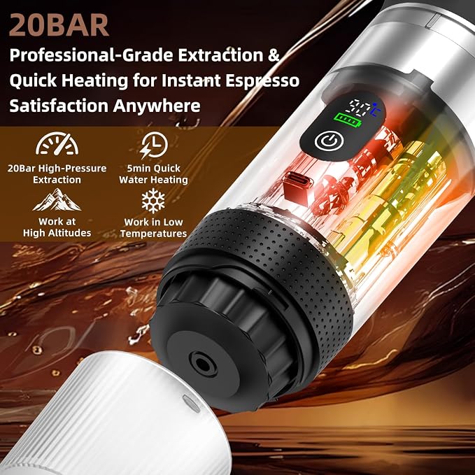 Portable Coffee Maker for Travel & Camping, Portable Espresso Maker with Bag, Rechargeable Cordless Battery Operated Coffee Makers for Ground Coffee, NS Capsule RV, Hiking, Office(Black)