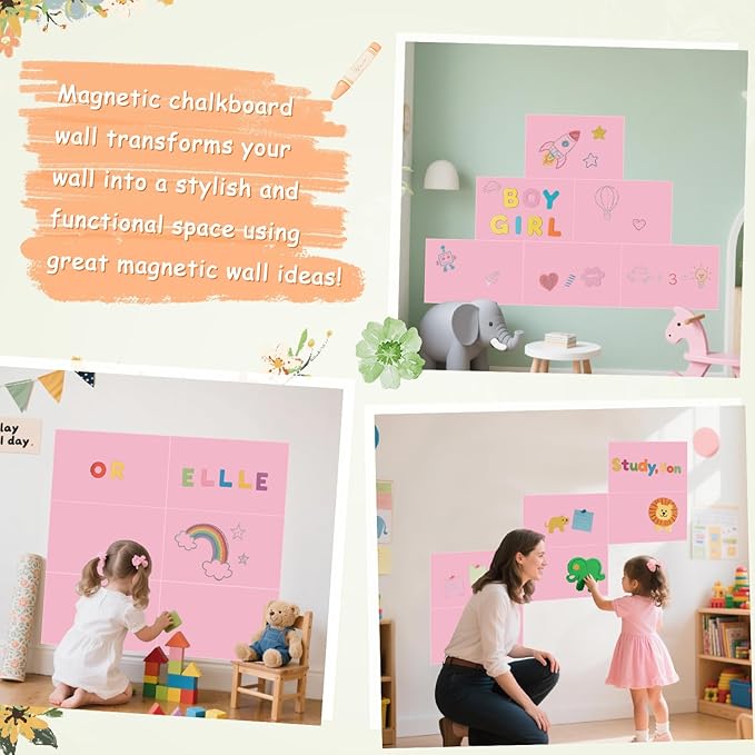 Magnetic Chalkboard Wall Decal Pink Set of 6 Peel and Stick Magnet Sheets with Chalk Tangram Puzzle and Multiple Accessories Magnetic Chalk Boardfor Home Playroom and Classroom