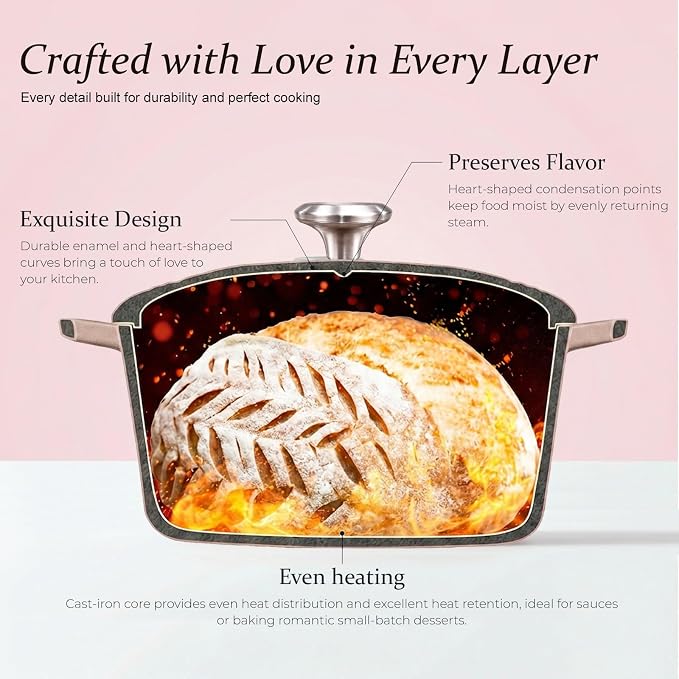 Overmont Heart-Shaped Enameled Cast Iron Dutch Oven, 2QT Pink Mini Pot with Lid for Cozy Meals, Soups & Small Batch Baking, Cute Kitchen Cookware Gift for Wedding, Housewarming & Birthday