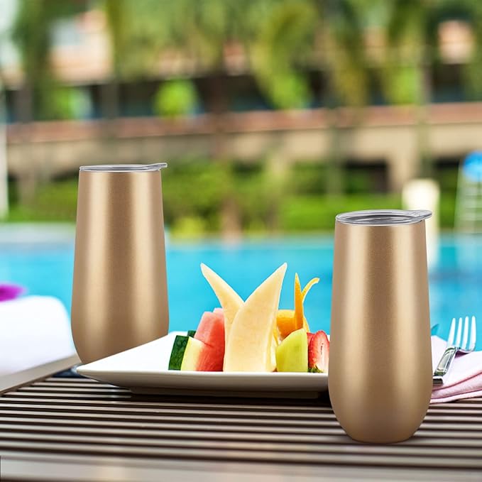 Lifecapido 8 Pack Insulated Champagne Tumblers, 12oz Champagne Flute Tumbler, Stainless Steel Stemless Champagne Glass, Unbreakable Cocktail Cups with Lid for Birthday Party Wedding Christmas (Gold)