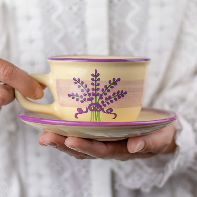 City to Cottage Handmade Lavender Floral Purple And Cream Ceramic 8.4oz/250ml | Cappuccino, Coffee, Tea Cup and Saucer, Unique Designer Pottery for Tea Lovers
