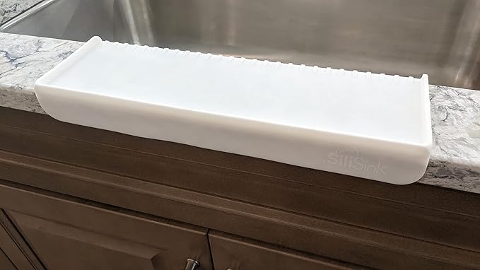 SiliProducts SiliSink Silicone Sink Edge Guard for Kitchen Sink - Fits 3.75” - 4” Wide - The Original Silicone Edge Protector with Sponge Caddy, 14” White