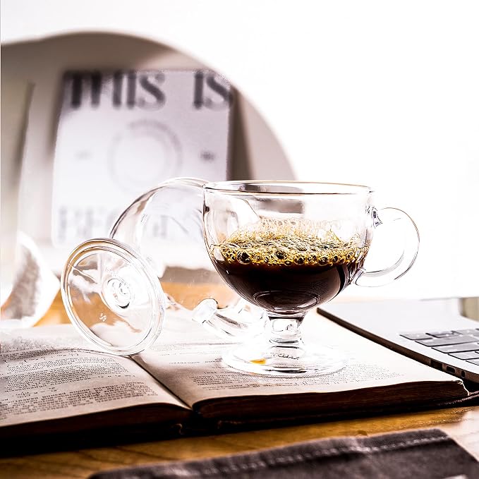 Glass Coffee Mugs with Handle - 8 OZ Footed Glass Coffee Cups - Footed Transparent Tea Cup for Latte, Cappuccino, Dessert, Beverages