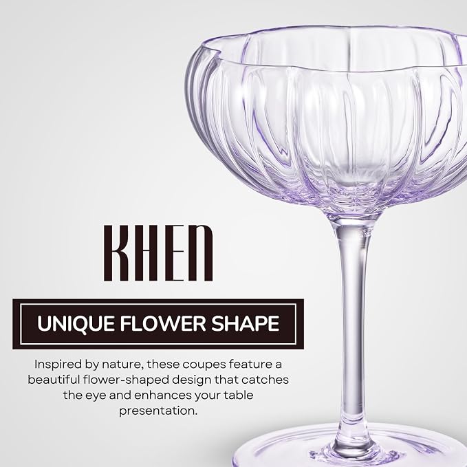 Khen Flower Vintage Wavy Glass Coupes Martini, Champagne & Cocktail Coupes - Set of 6-7oz Colorful Cocktail Glasses & Champagne, Prosecco, Mimosa Glassware Copyright Design - Bright Colors