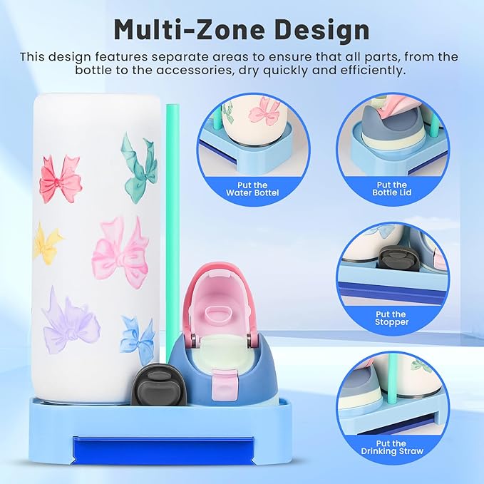 Bottle Drying Rack for Owala Freeship 24/32/40oz, Portable Space Saving Stand with Drain Tray & 4 Cleaning Brushes – Water Bottle & Cup Organizer for Lids, Straws, Stoppers (Blue)