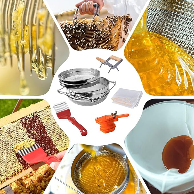 MayBee Double Sieve Honey Harvesting Kit for Beekeepers, Beekeeping Starter Kit Set of 5, Double Sieve Honey Strainer Stainless Steel, Frame Grip, Uncapping Fork, Honey Gate, Honey Filter Bag