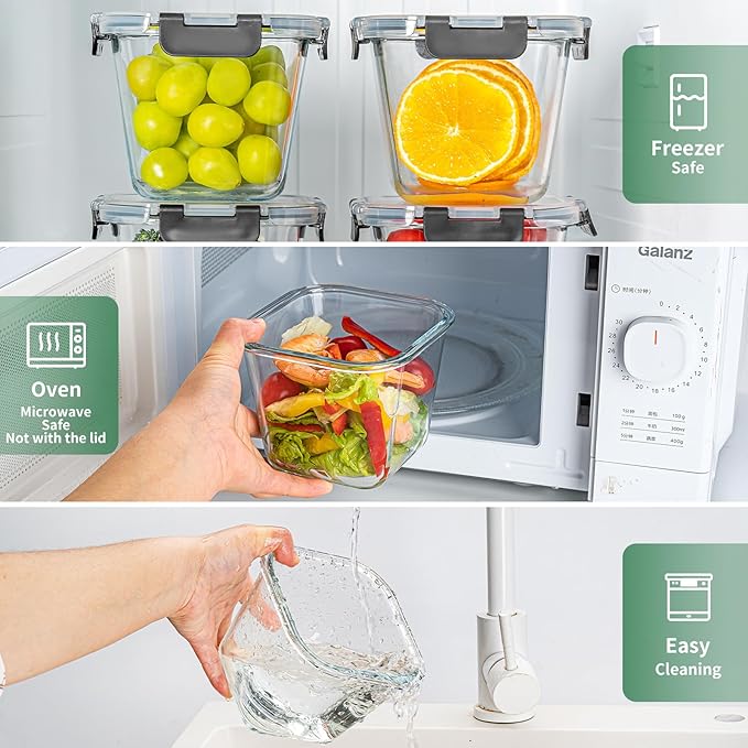 4 Pack 27oz Glass Food Storage Containers with Lids and 4 Pack 32OZ Glass Meal Prep Containers Microwave, Oven, Freezer and Dishwasher, BPA Free