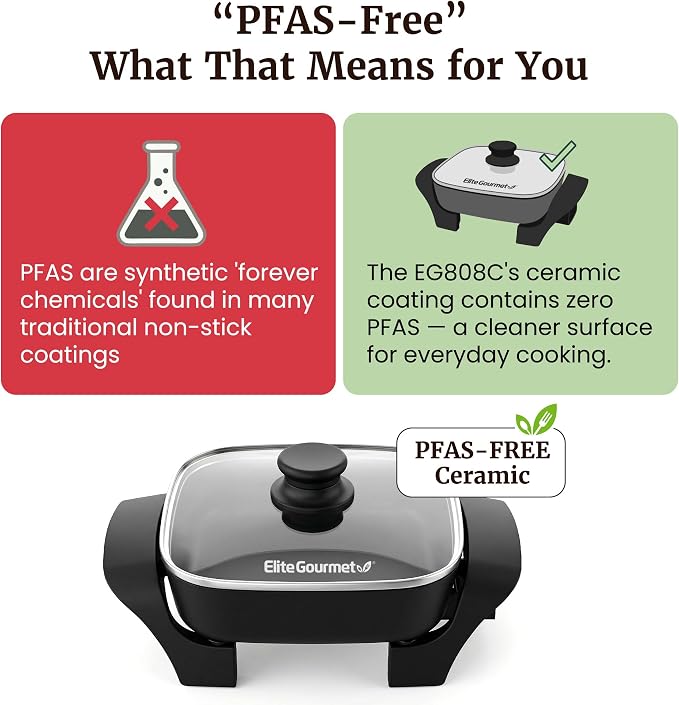 Elite Gourmet EG808C Electric Skillet 8"x8" PFAS-Free Ceramic Non-Stick, Tempered Glass Vented Lid, Removable Thermostat 200–400°F, Dishwasher Safe, 2.5-Qt Capacity for One-Pot Meals, Black